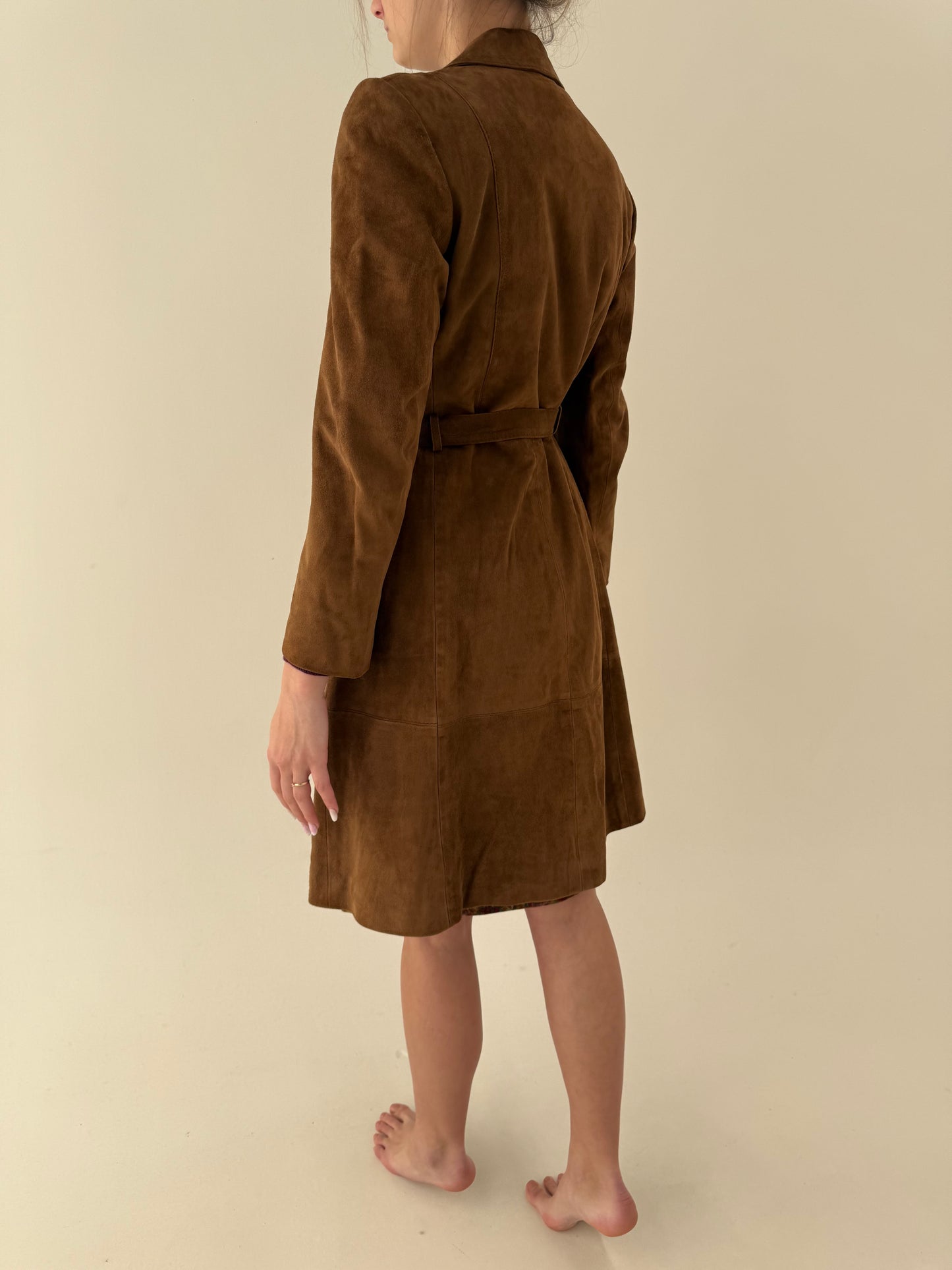 Trench vintage italian din piele naturală întoarsă mănușă cu cordon