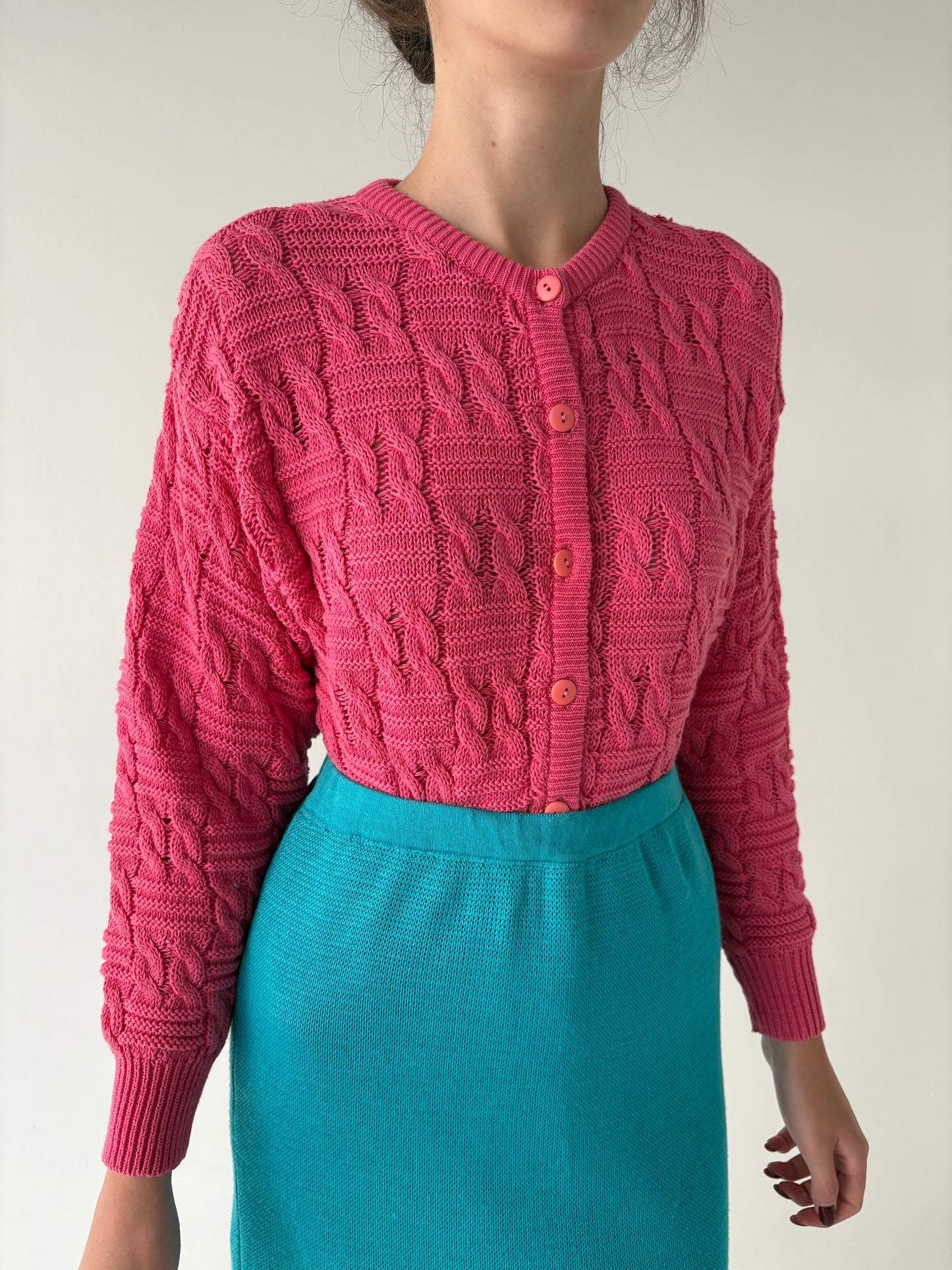 Cardigan vintage italian Barbie pink din bumbac gros de gramaj mare