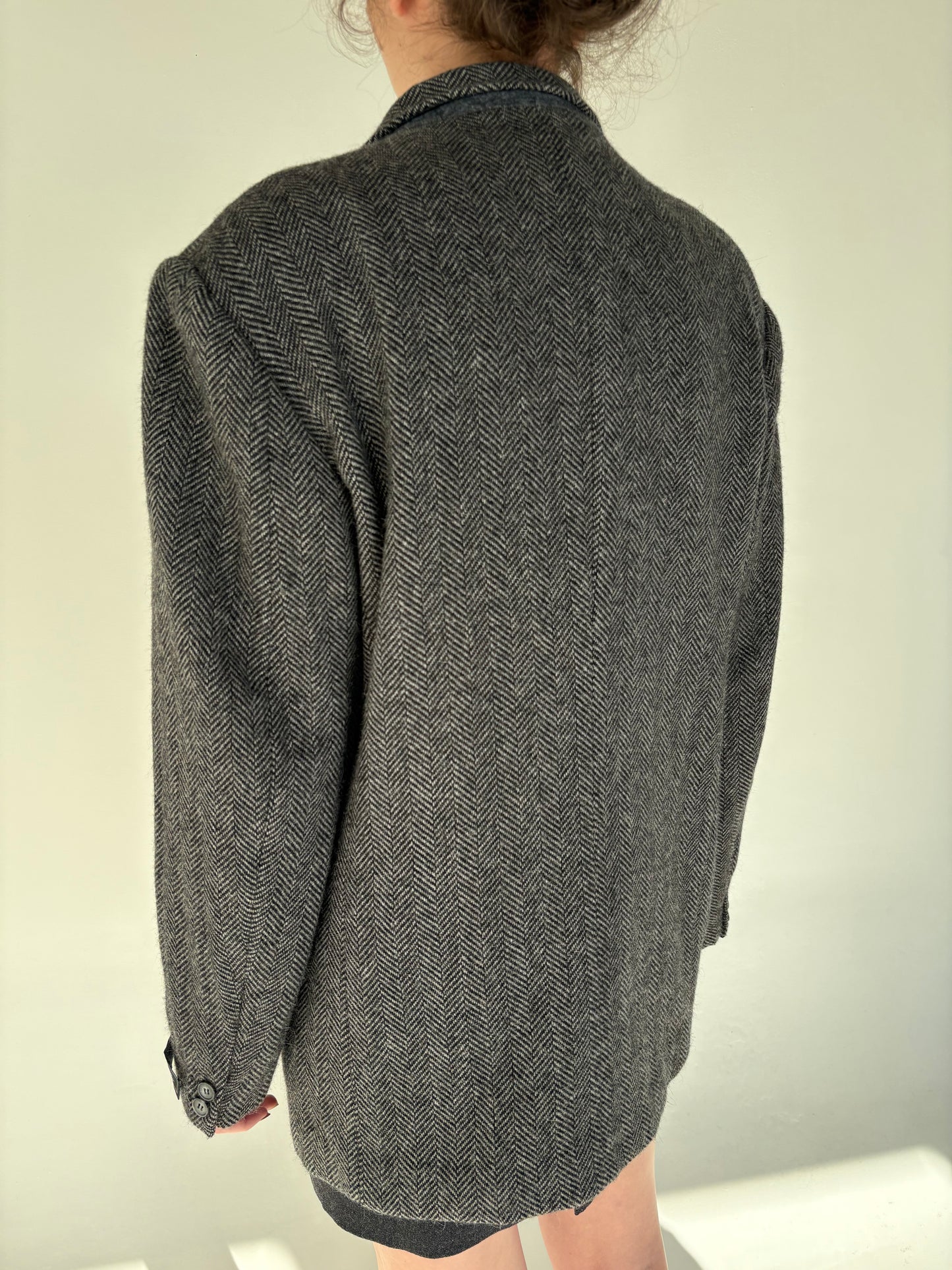 Sacou high end italian din tweed de alpaka cu lana alb negru Chevron