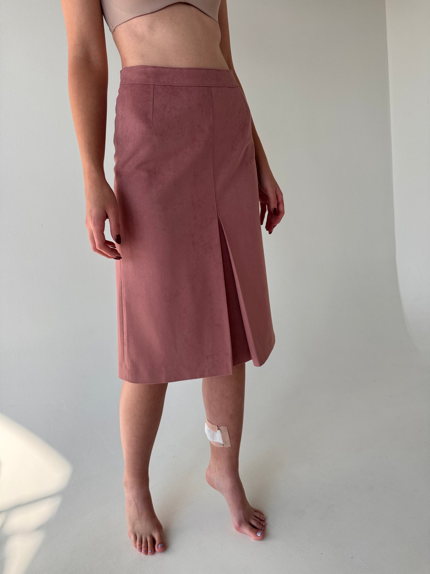 Fustă vintage old rose pink cu aspect de piele întoarsă