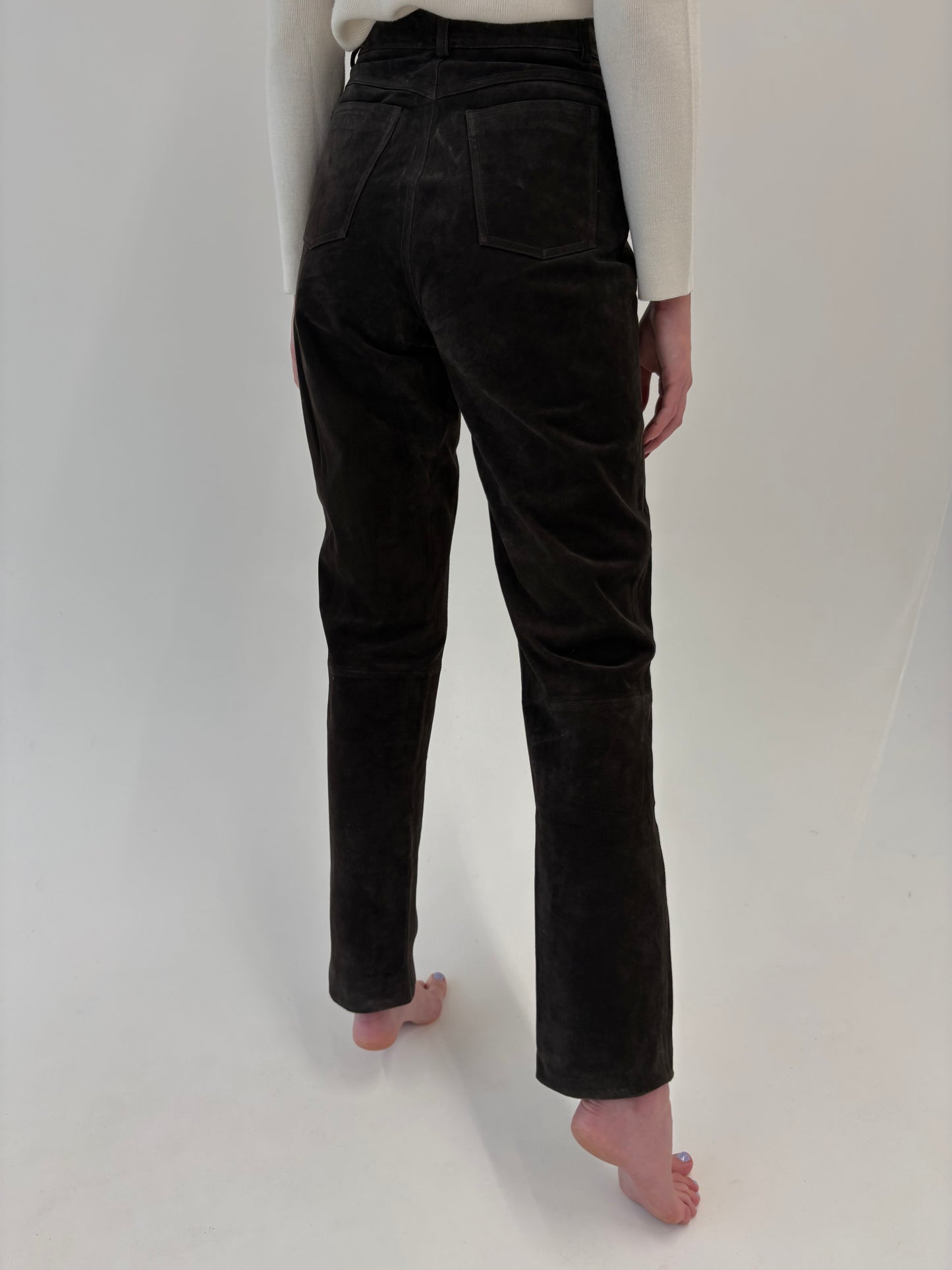 Pantaloni tall din piele naturală dark chocolate brown