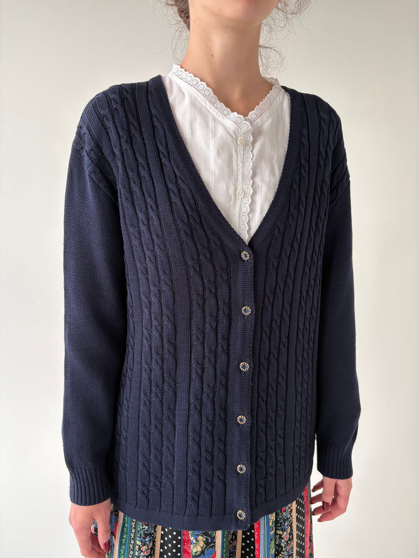 Cardigan vinatge Navy blue cu torsade din lana extrafina de gramaj mare