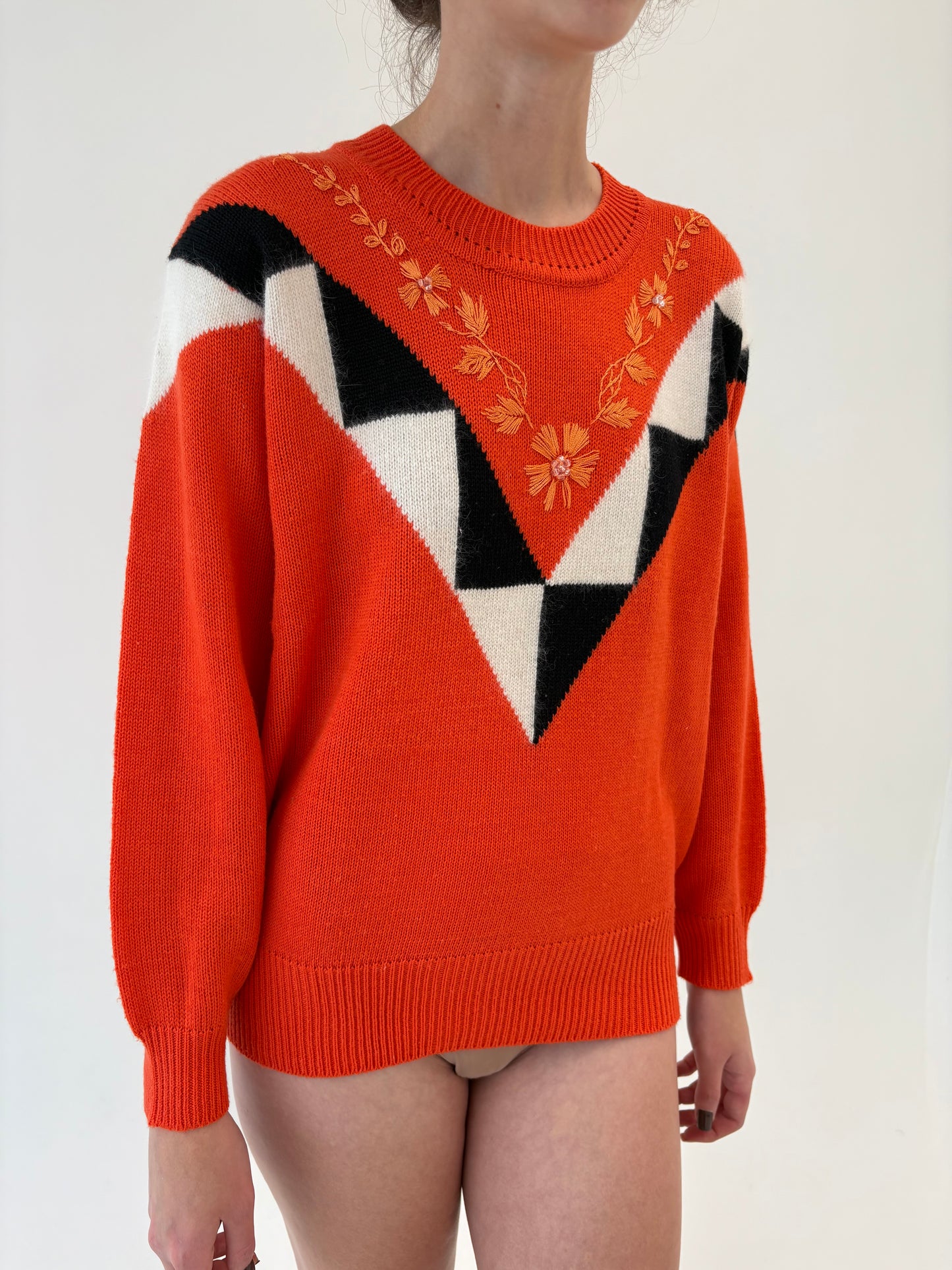 Pulover vintage colorblock cu broderie din lana extrafina de gramaj mare