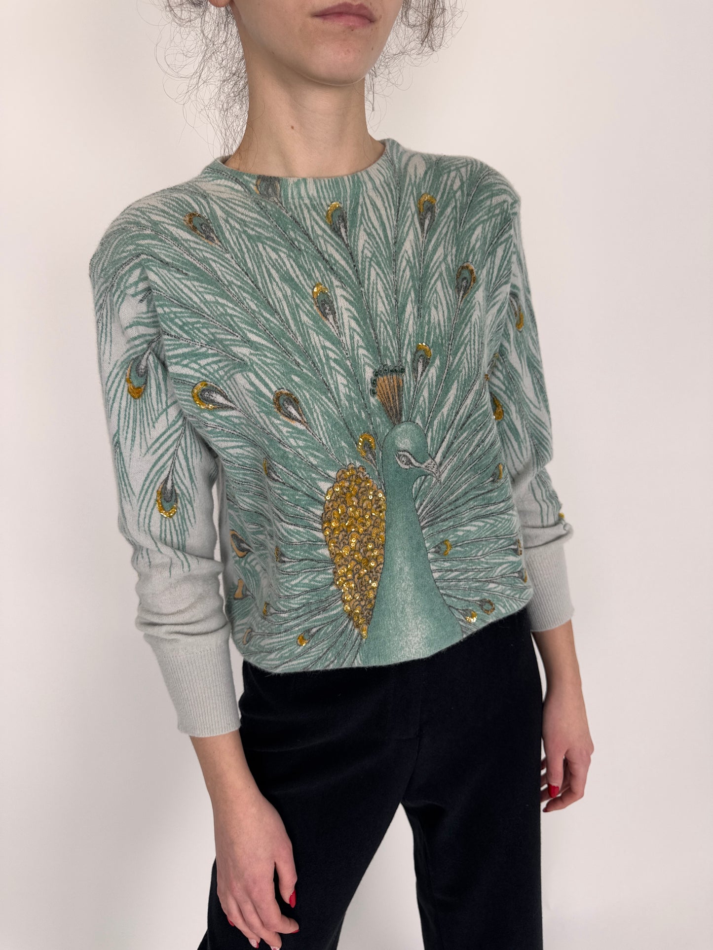 Pulover vintage cu mânecă fluture și print păun din lana extrafina