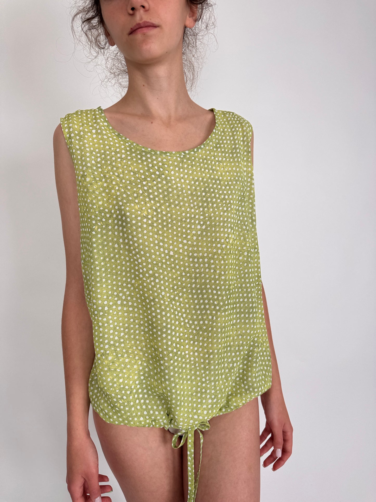 Set vintage în croi minimalist seaweed green cu buline și fustă maxi