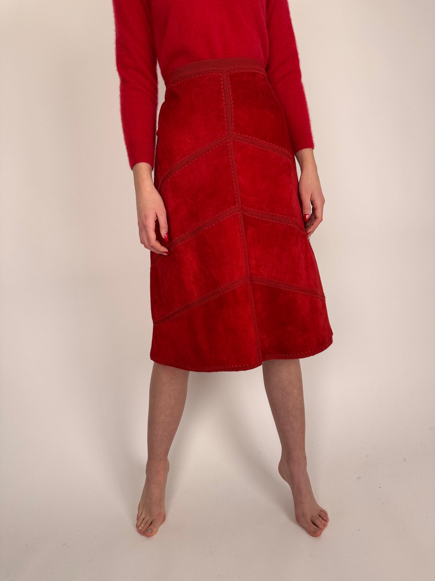 Fustă din piele naturală cherry red cu talie elastică