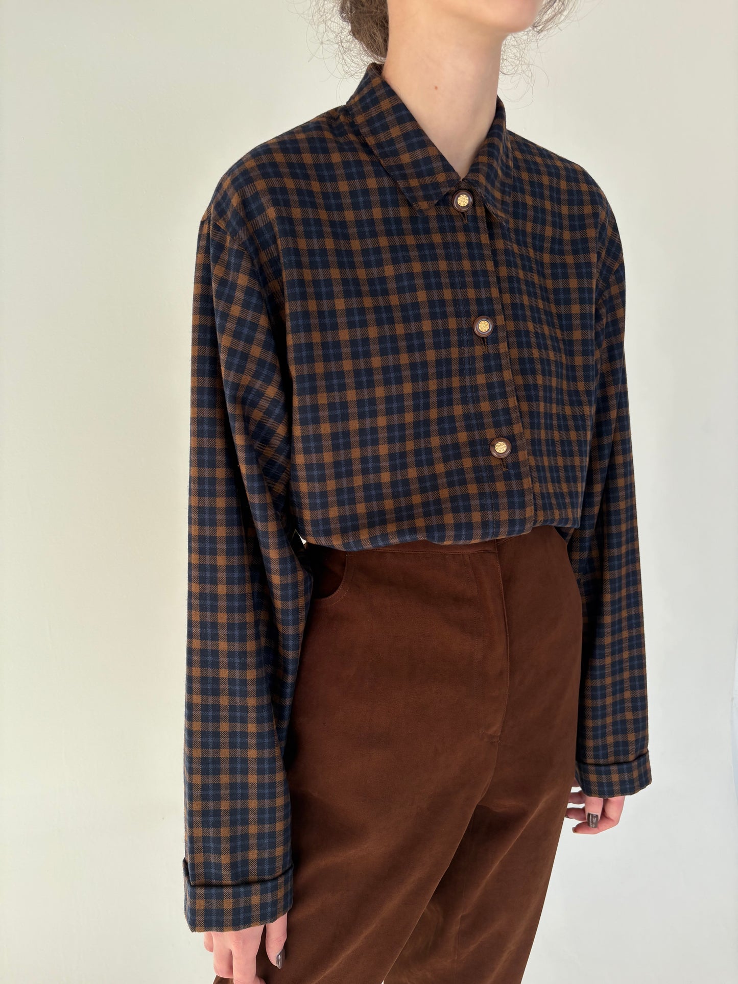 Overshirt / camasa în carouri camel din stofă excepțională de lana