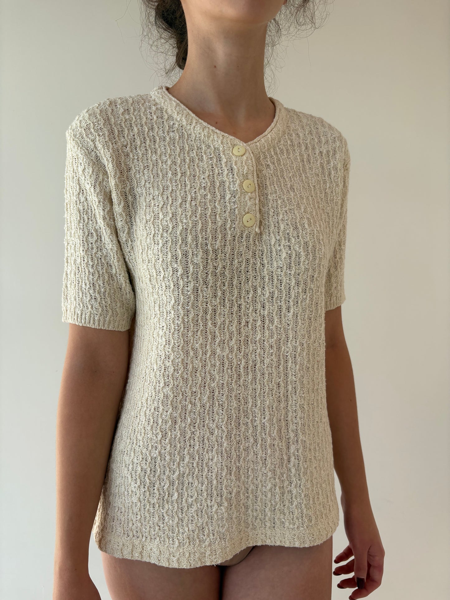 Top vintage butter white din tricot de bumbac texturat de gramaj mare