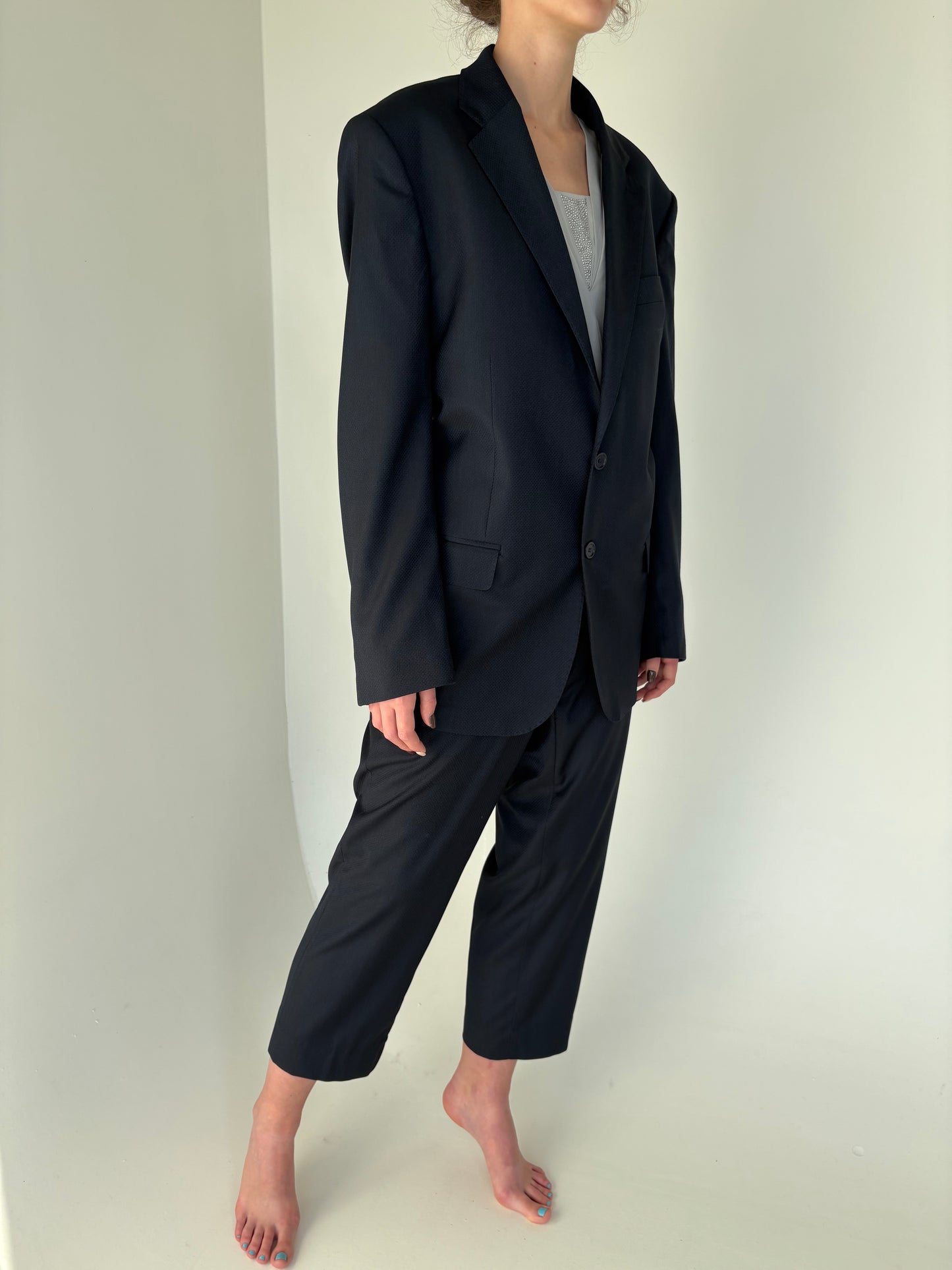 Costum italian Navy blue din stofita de lana extrafina texturată