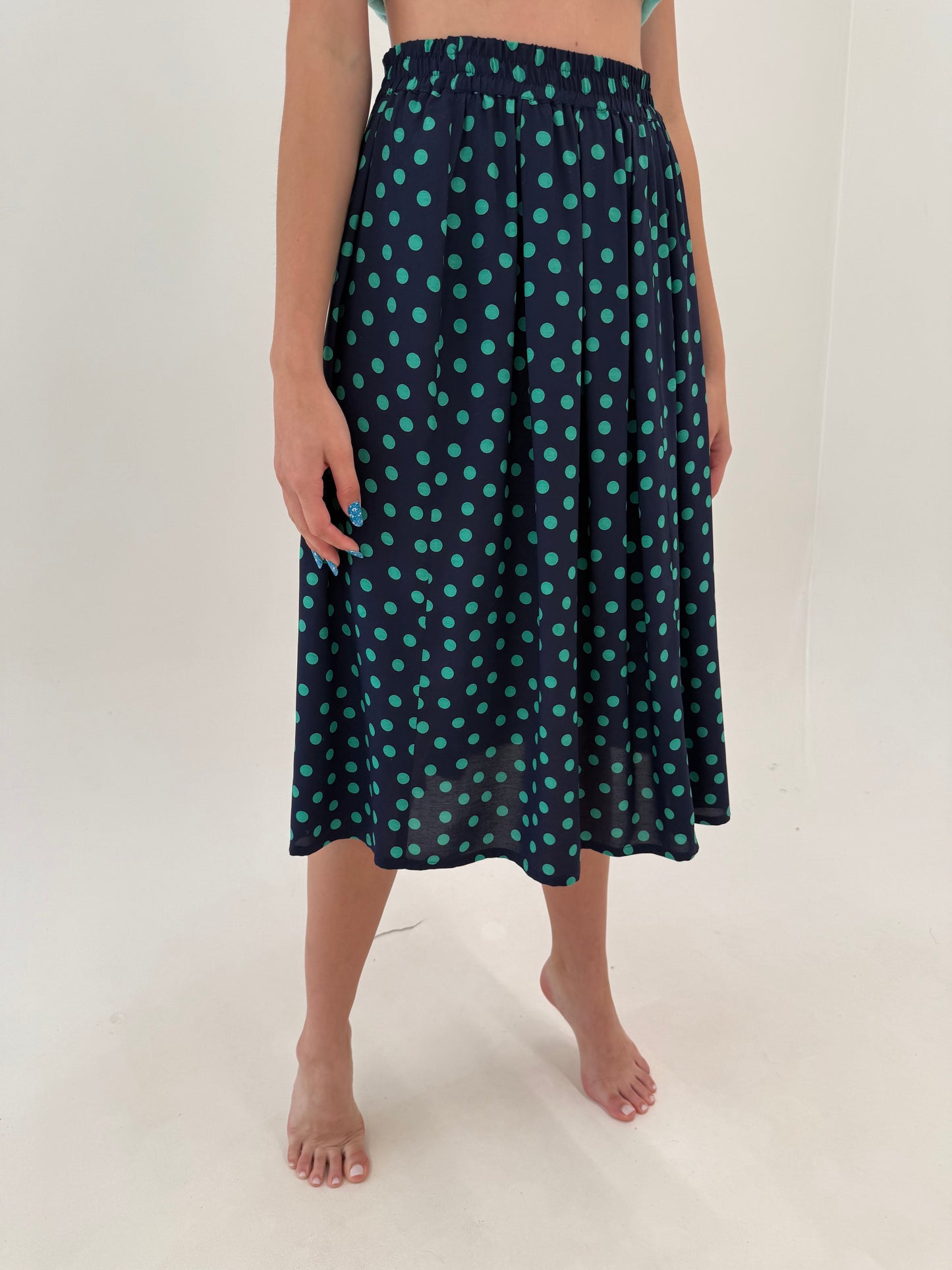 Fustă vintage midi Navy cu buline aqua și talie elastică ultra înaltă
