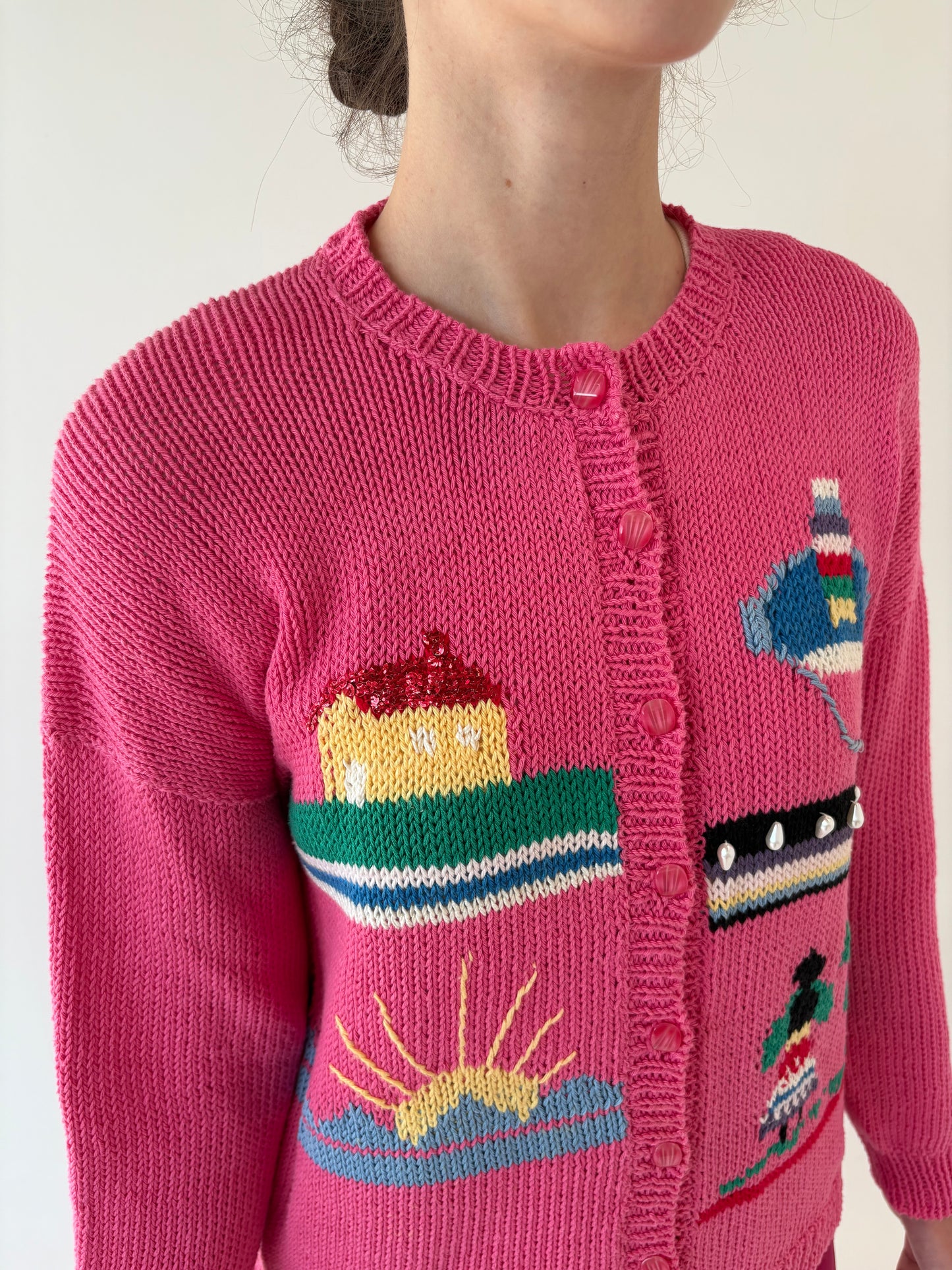 Cardigan vintage Barbie pink lucrat manual din bumbac de gramaj mare