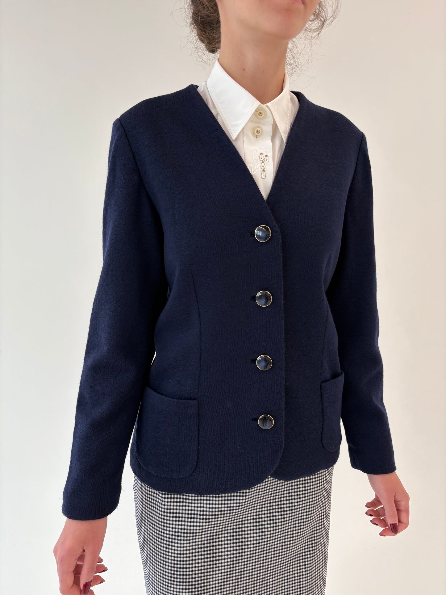 Sacou vintage Navy în croi minimalist din jerse de lana