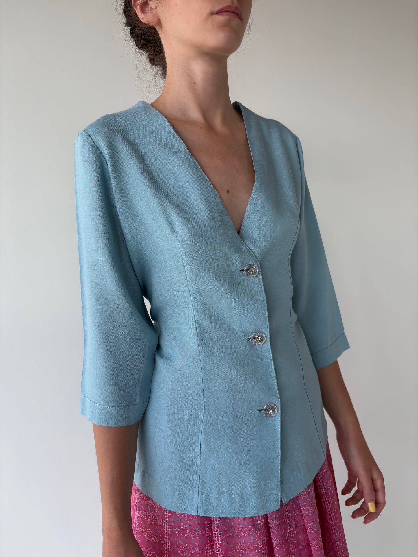 Sacou vintage cambrat baby blue din in excepțional ușor structurat