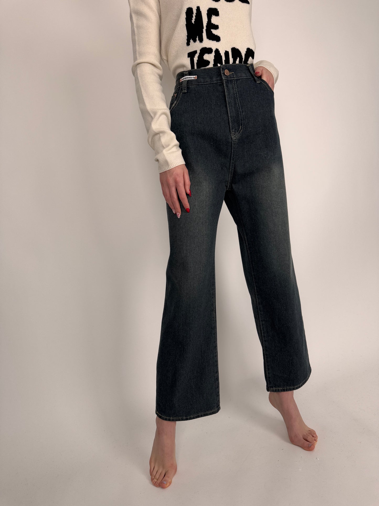 Jeanși Luxury hand made whide leg cu talie ultra înaltă elastică