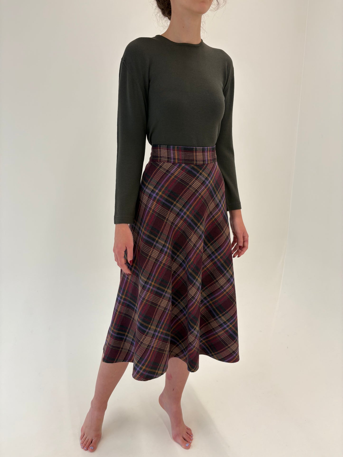 Fustă în carouri cu talie ultra înaltă din stofă de mix de lana extrafina