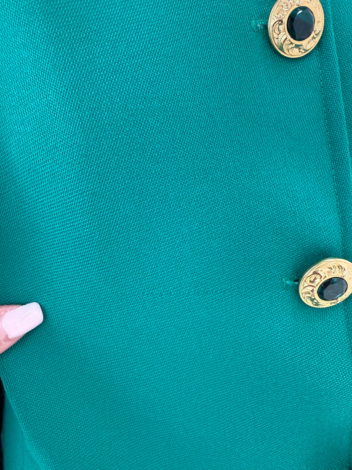 Sacou vintage în croi lung tip pardesiu din lana extrafina emerald green și nasturi bijuterie