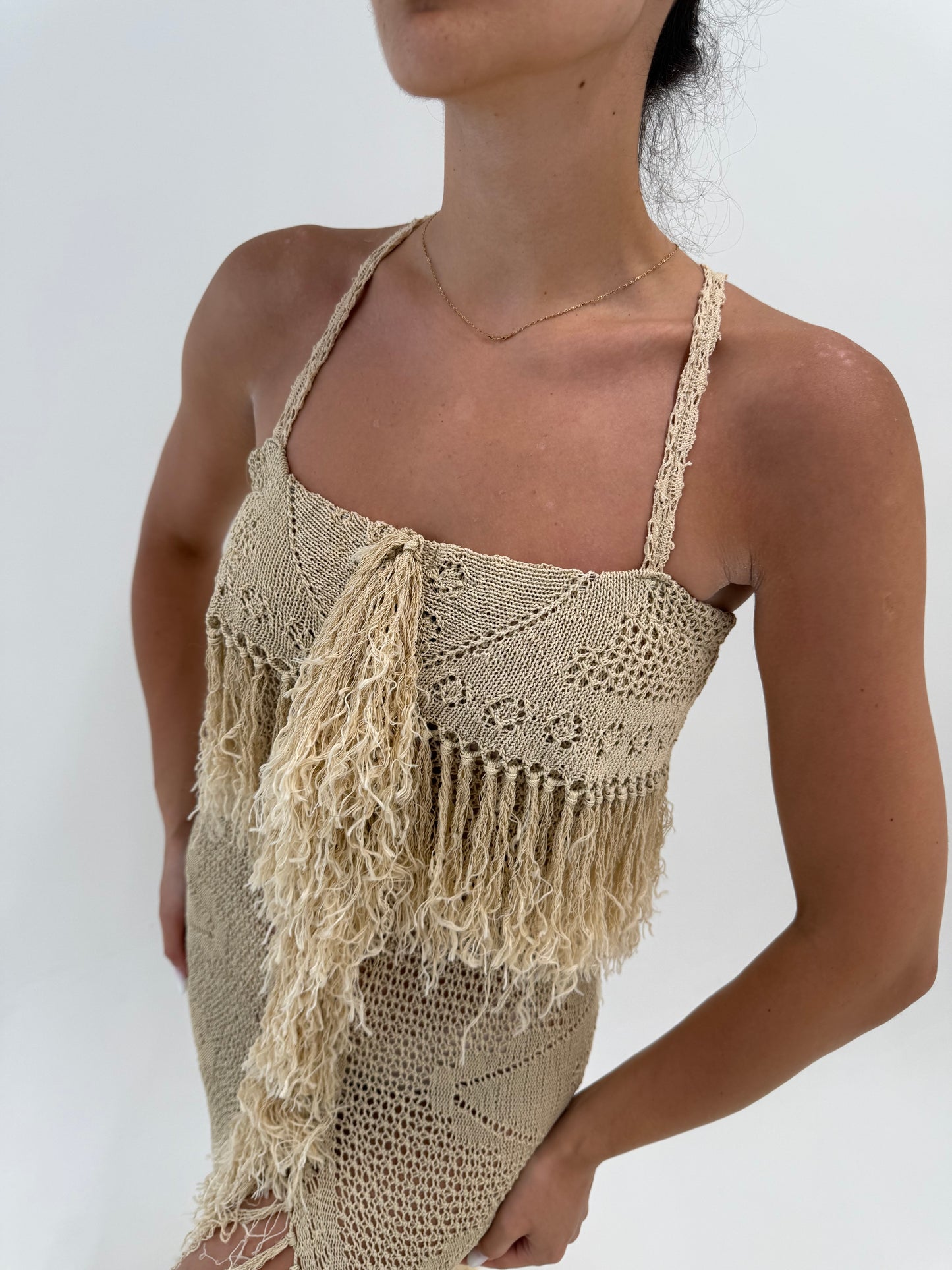Rochie tall camel din macrame excepțional de bumbac lucrat manual