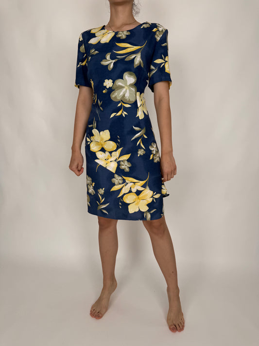 Rochie Navy cu print floral superb galben pal