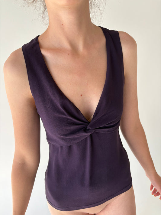 Top aubergine cambrat din mătase naturală în bie