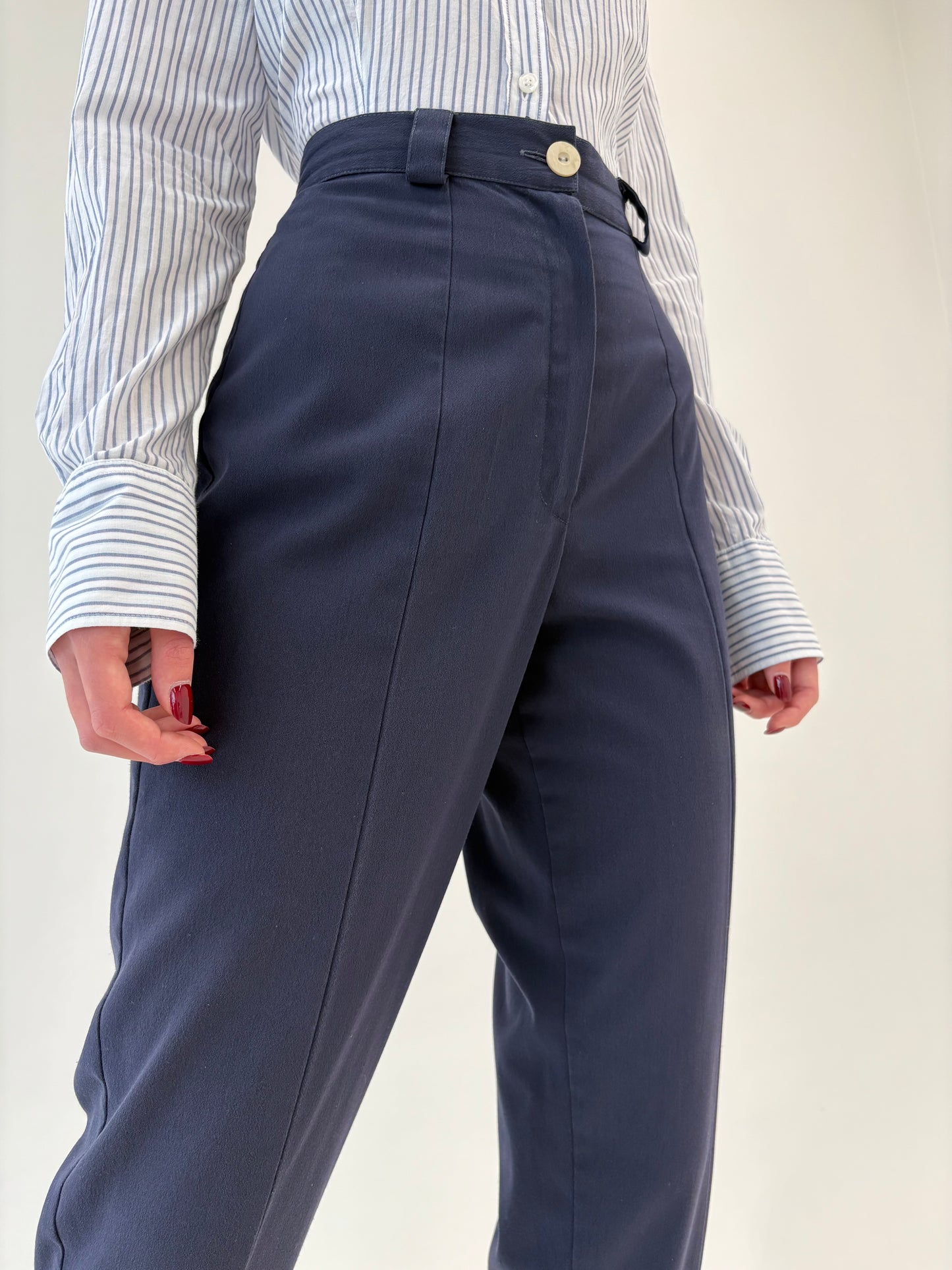 Pantaloni țigaretă tall Navy blue cu talie ultra înaltă marcată