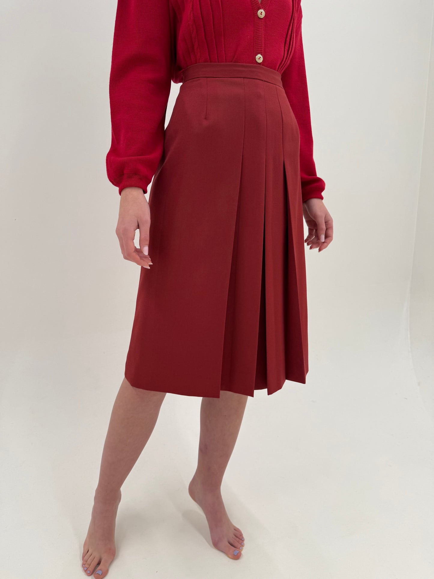 Fustă vintage plisată dark red cu talie ultra înaltă