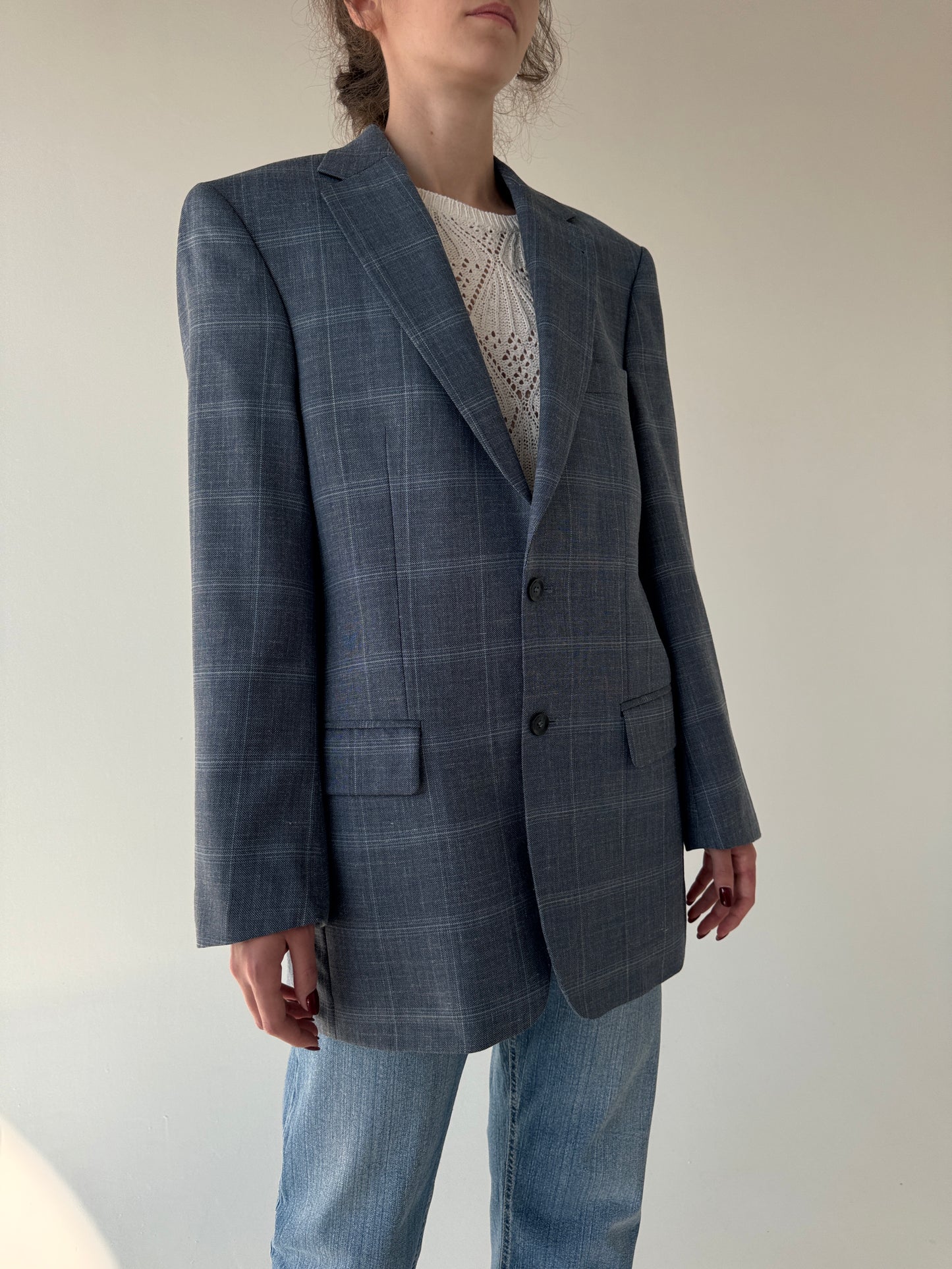 Sacou jeans blue din lana extafina, mătase naturală și in