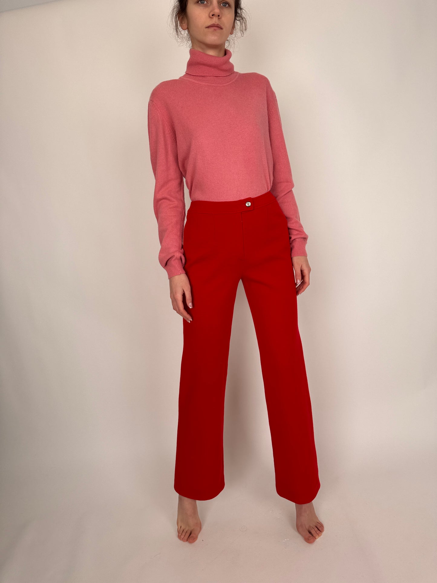 Pantaloni tall cherry red din jerse extrafin de lana modelator