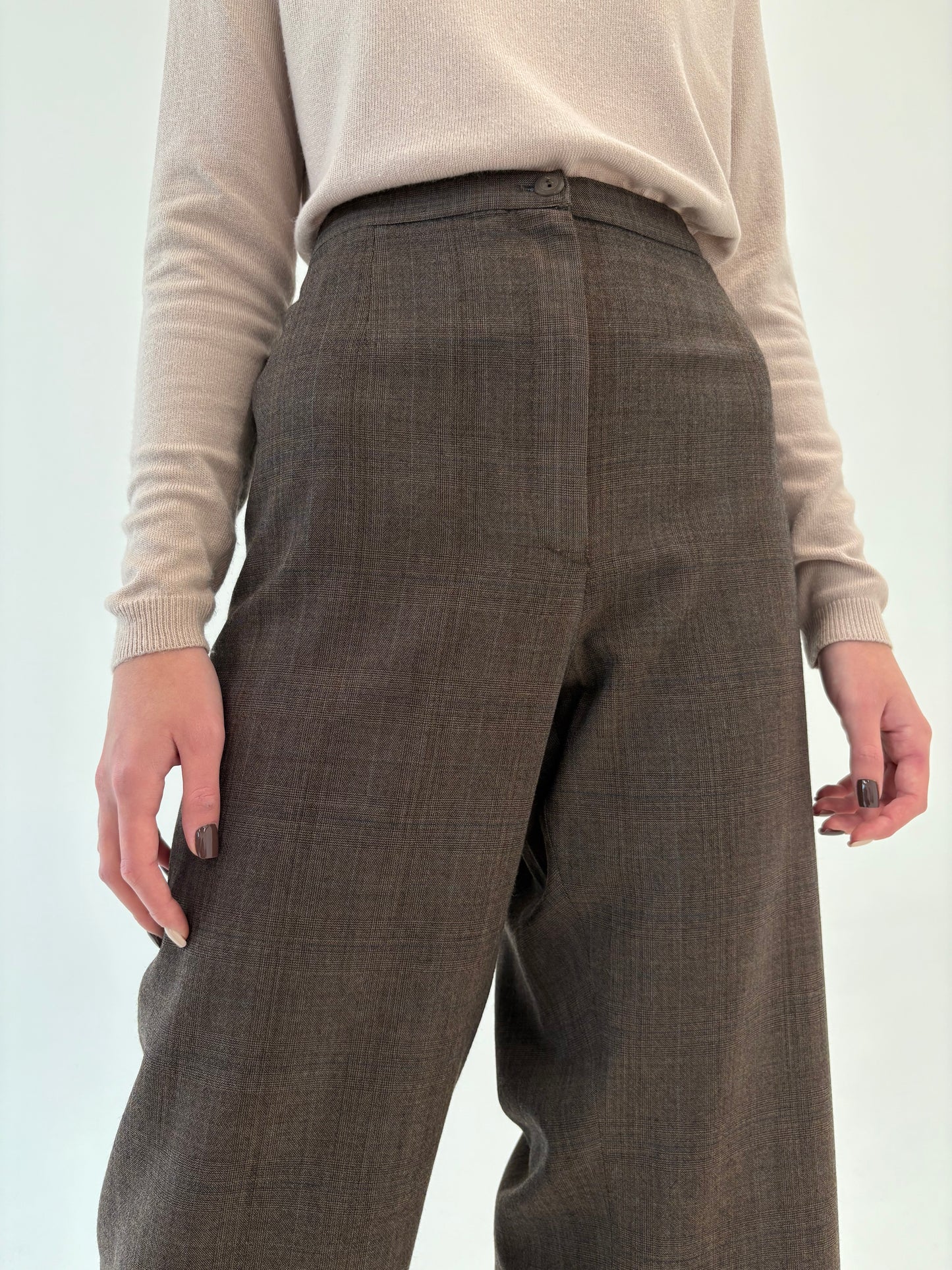 Pantaloni chocolate brown din lana extrafina cu talie înaltă