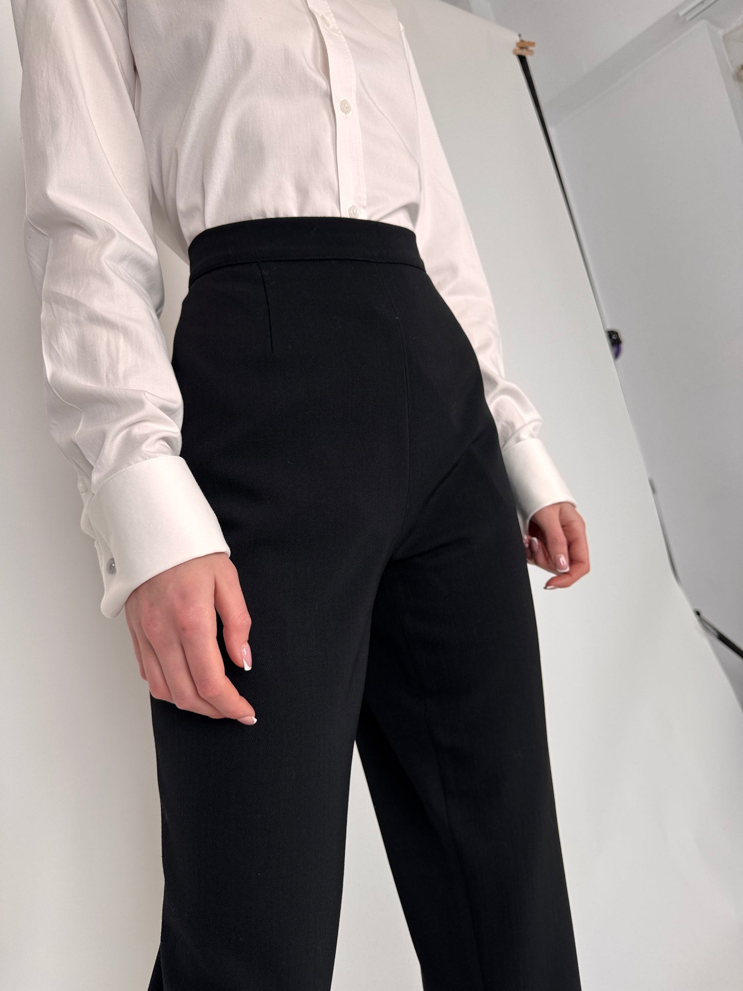 Pantaloni negri tall din stofita strech de primăvară cu talie ultra înaltă
