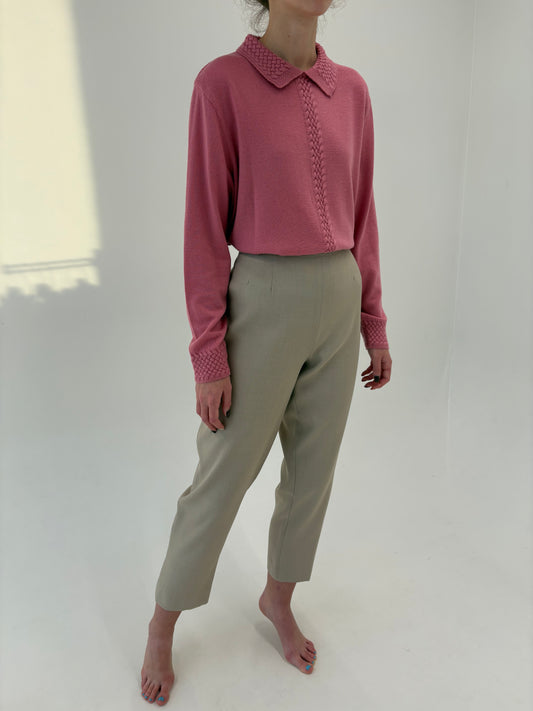 Pantaloni light nude țigaretă cu talie ultra înaltă din lana extrafina