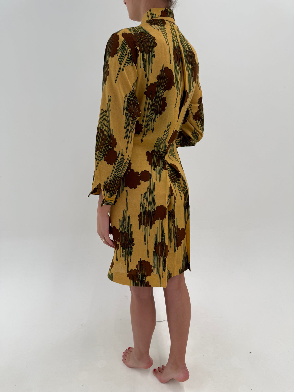 Rochie vintage cu print chocolate brown pe dark butter yellow din lana extrafina