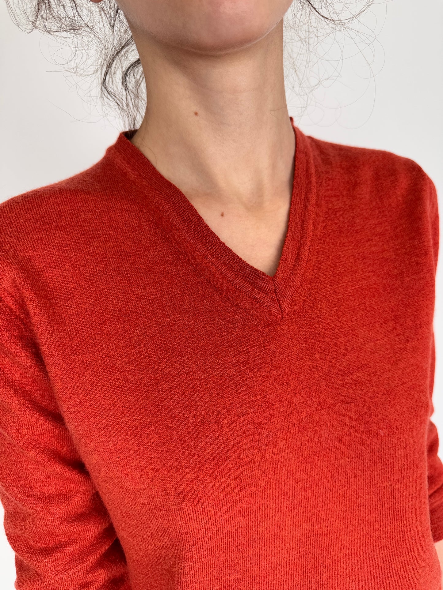 Pulover italian petite de gramaj mare burnt orange din lana merino extrafina