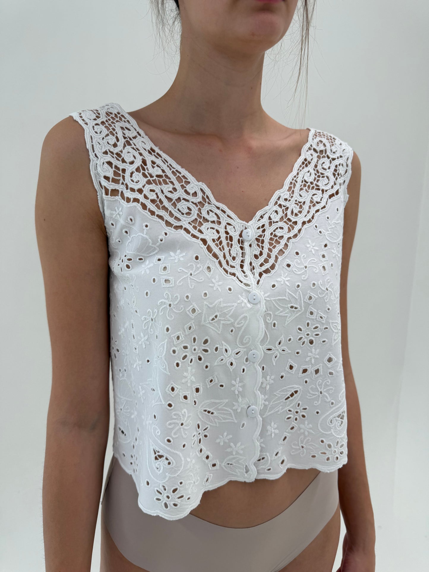 Top vintage excepțional din macrame de bumbac și integral broderie anglaise