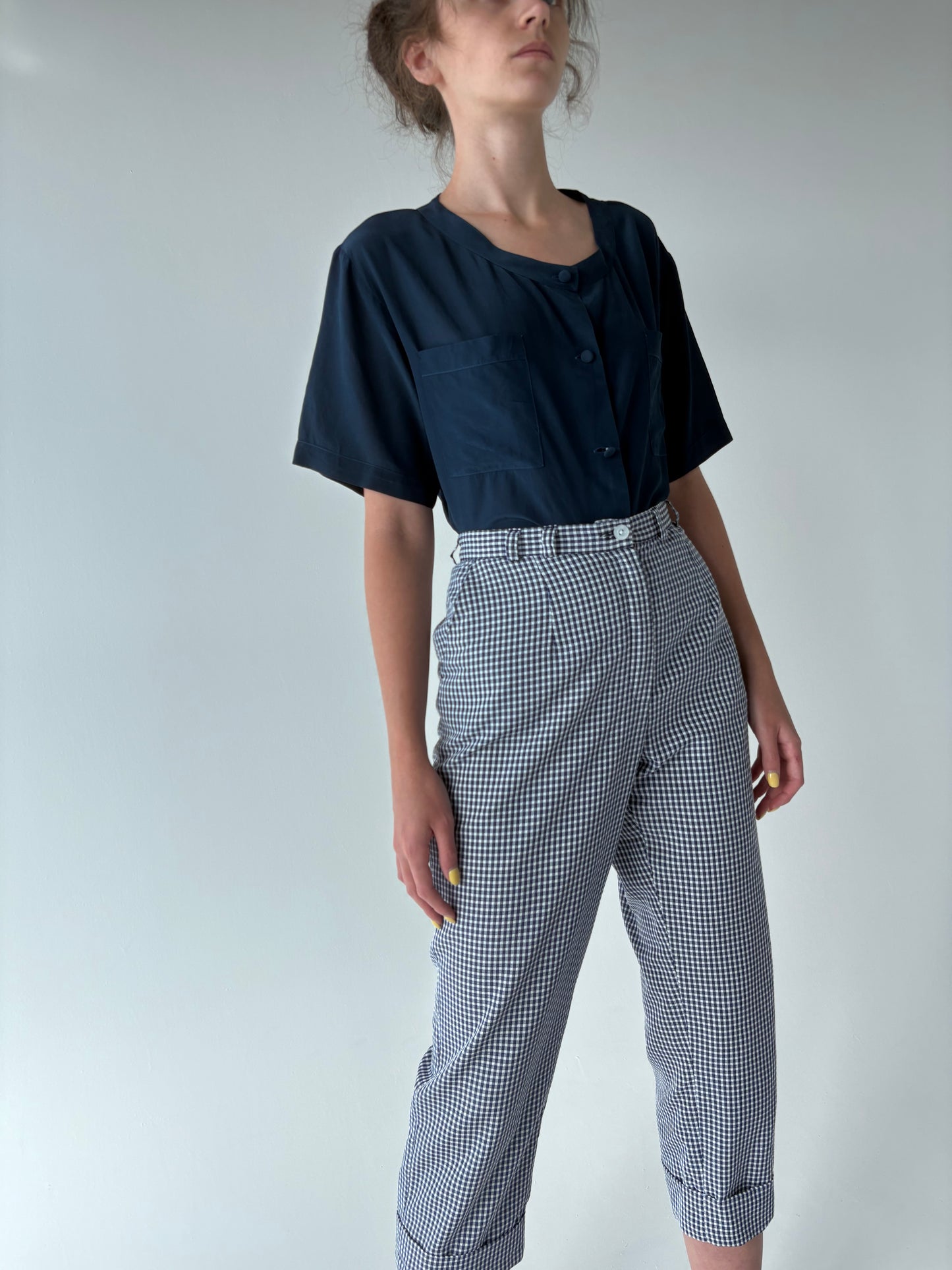 Pantaloni gingham confort din seersucker cu talie ultra înaltă elastică