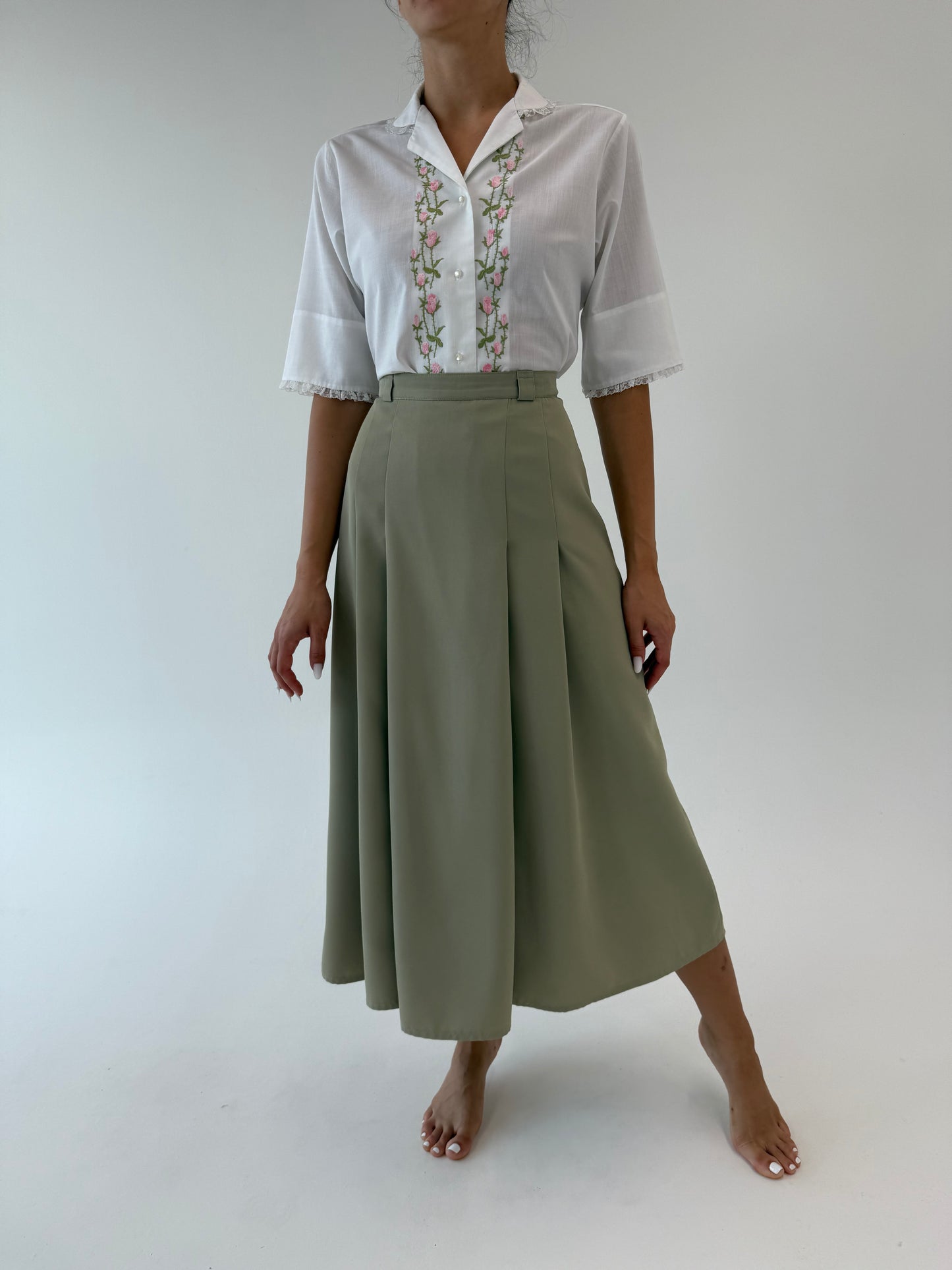 Fustă vintage midi spre maxi green nude din Georgette greu