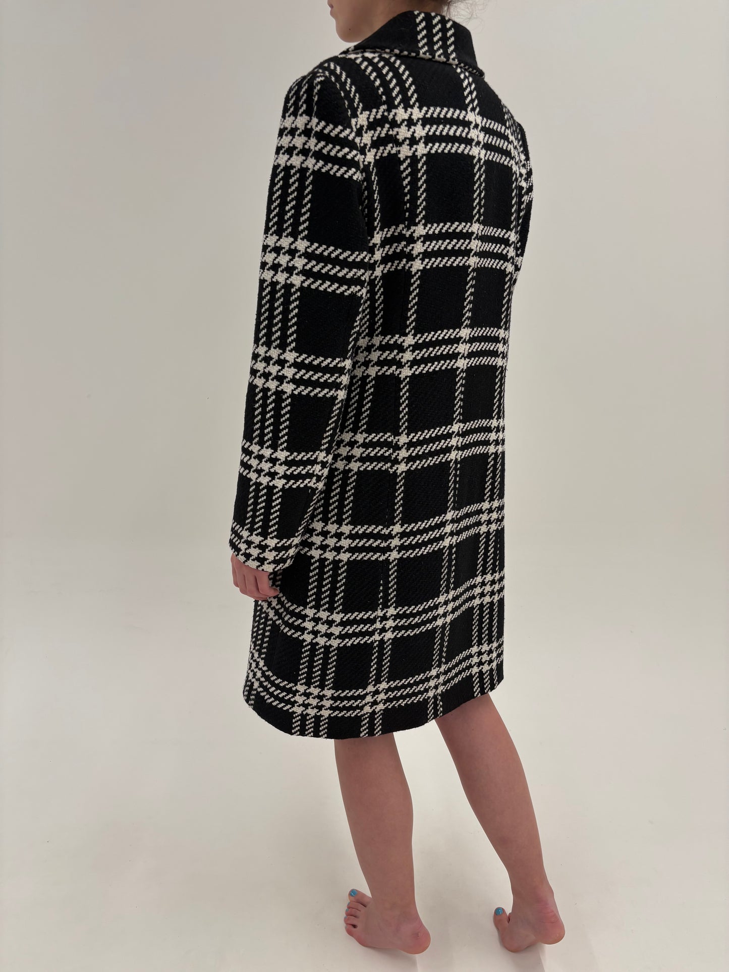 Palton din stofă plină pied de coq alb negru și carouri