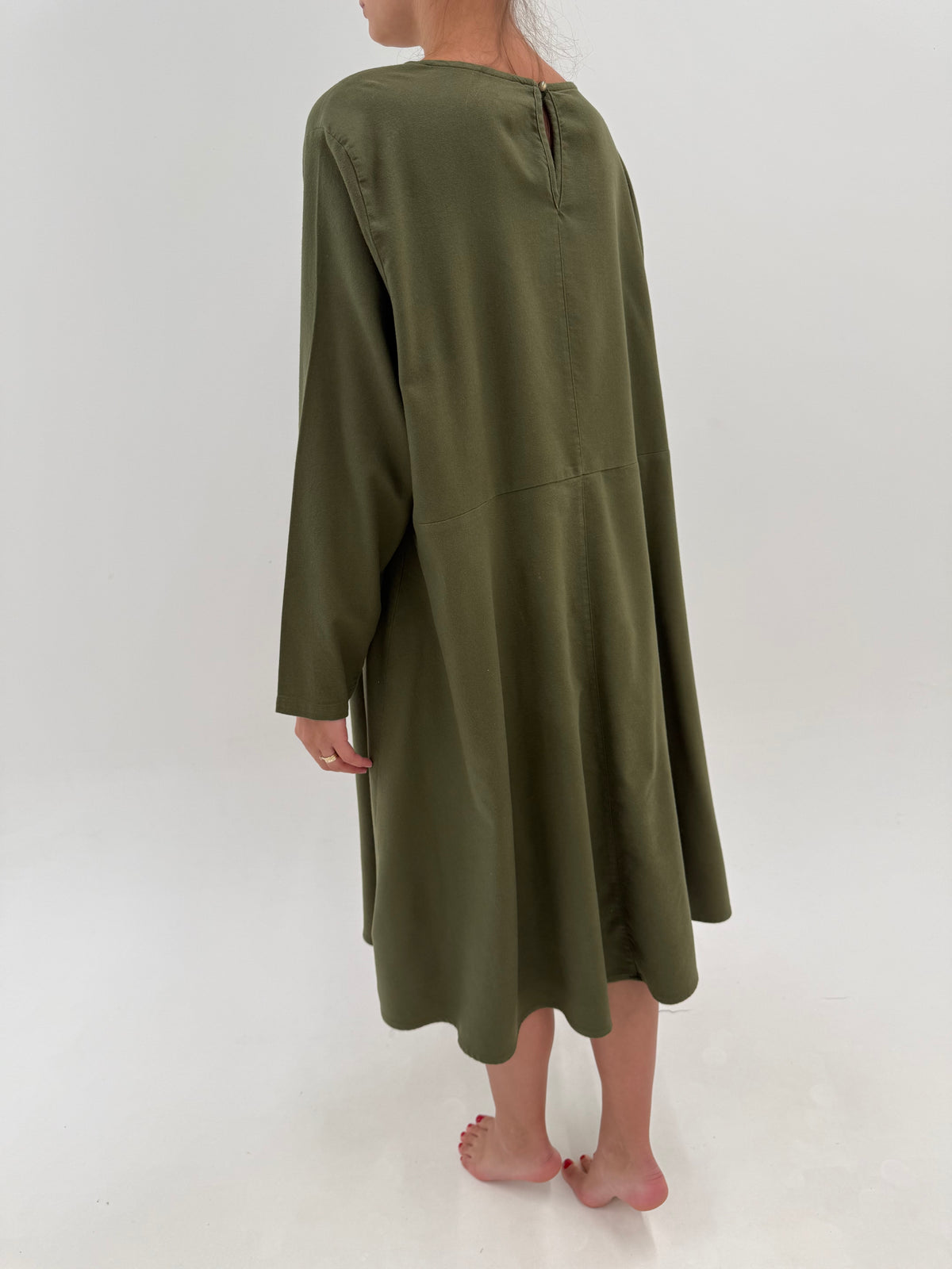 Rochie kaki din bumbac gros de toamnă în croi minimalist A-line