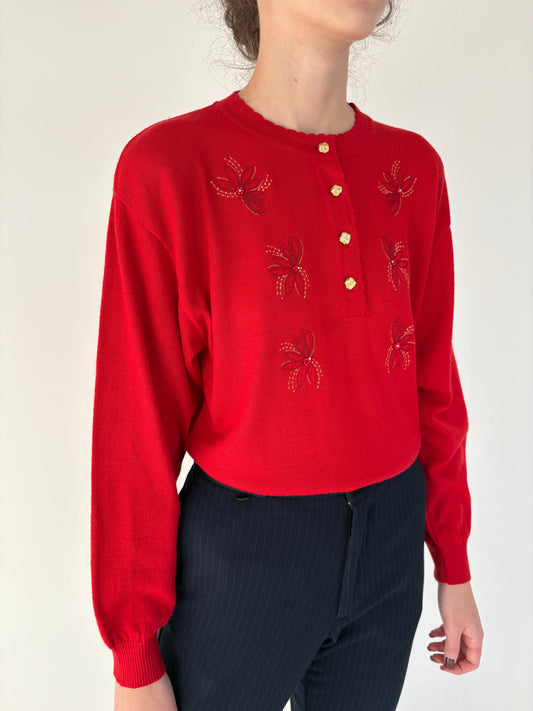 Pulover vintage italian cu broderie din lana merino extrafina de gramaj mare