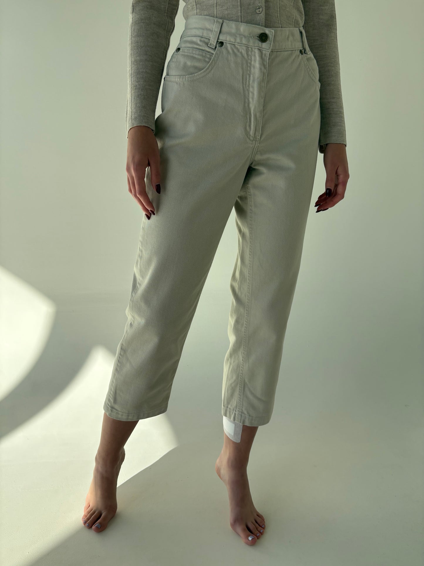 Jeans premium vintage petite light nude  din jeans plin cu talie înaltă