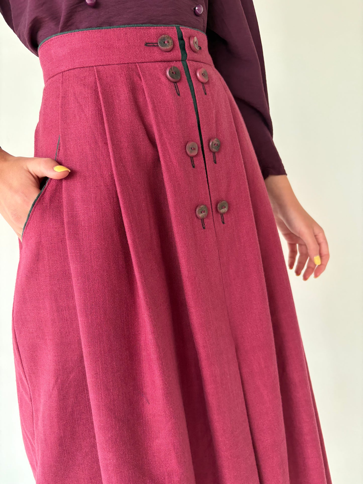 Fustă vintage burgundy din pânză cu talie ultra înaltă și buzunare