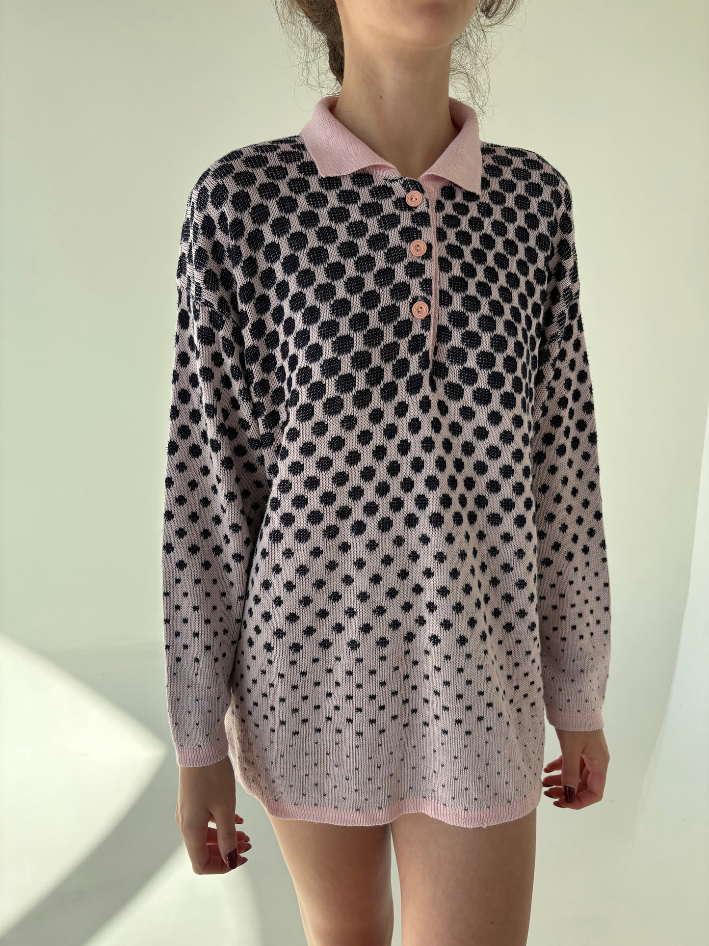 Pulover vintage polo roz pudrat cu Navy din mix de lana extrafina