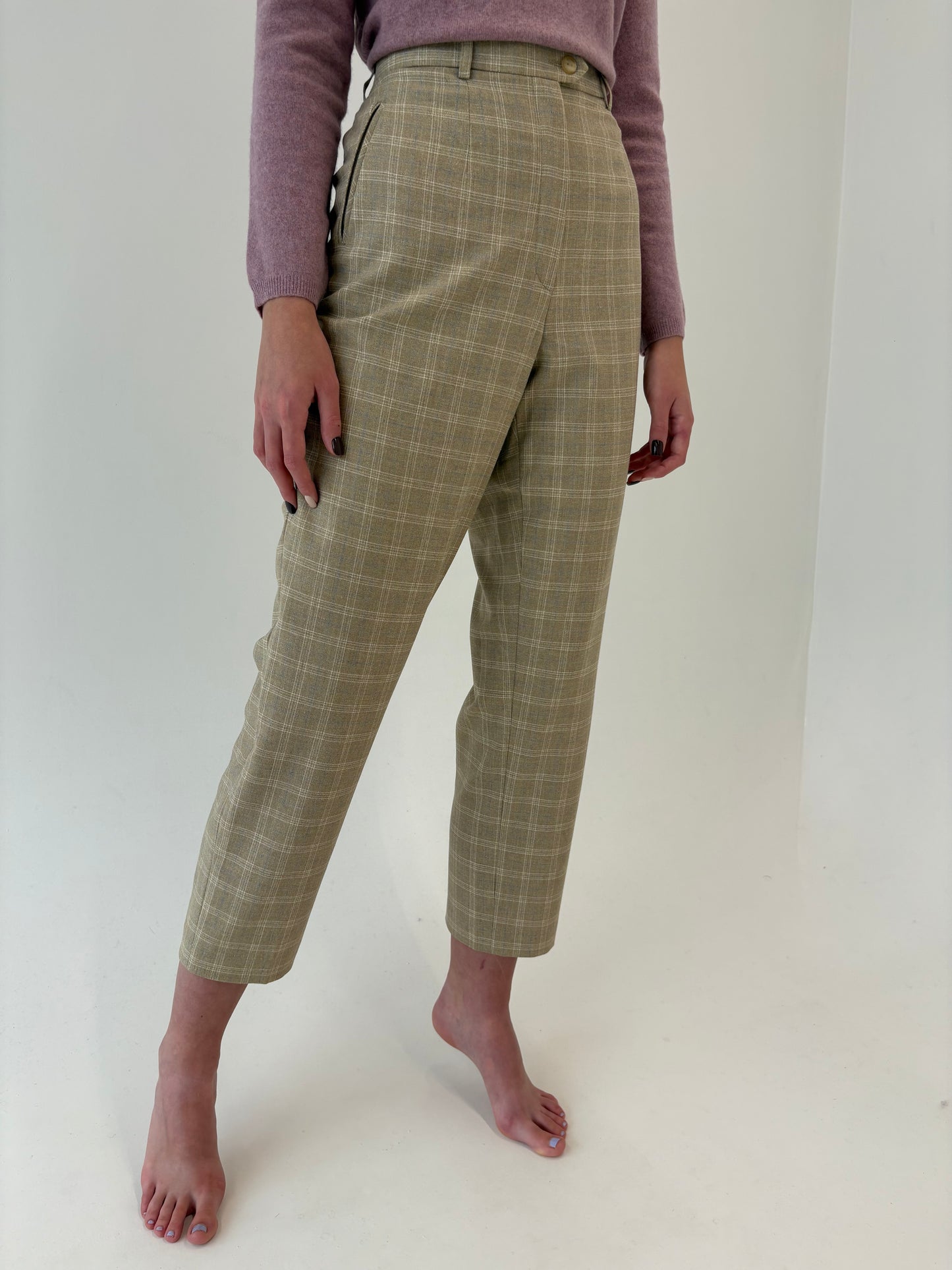 Pantaloni camel cu talie ultra înaltă țigaretă din lana extrafina în carouri baby blue