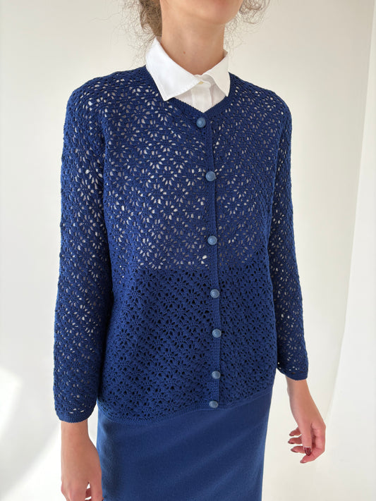 Cardigan vintage dantelă albastru cerneală lucrat manual din lana extrafina