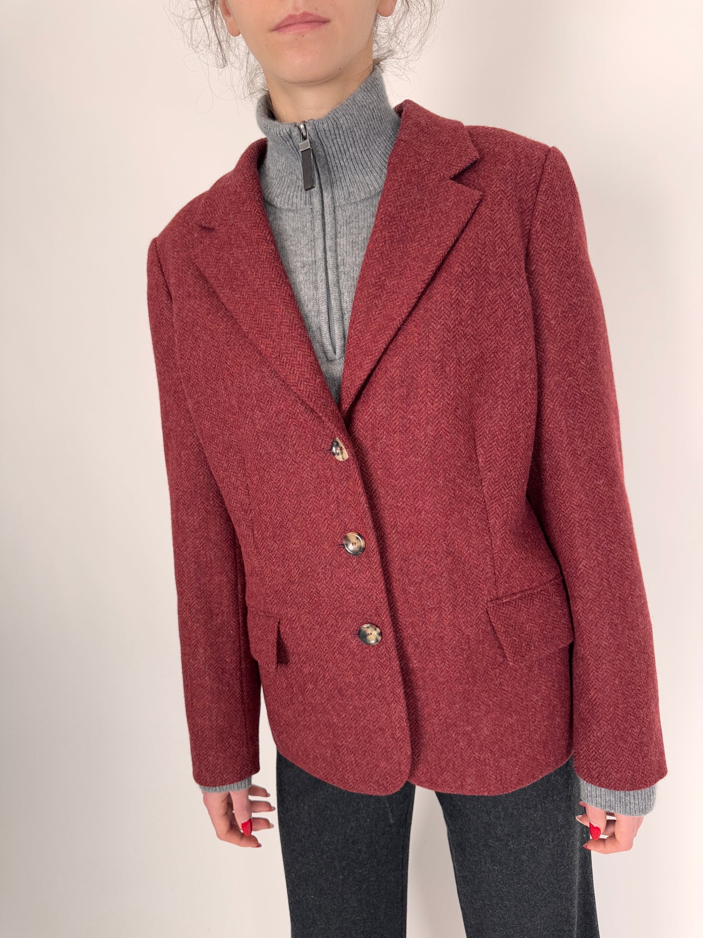 Sacou din tweed plin de lana blush red