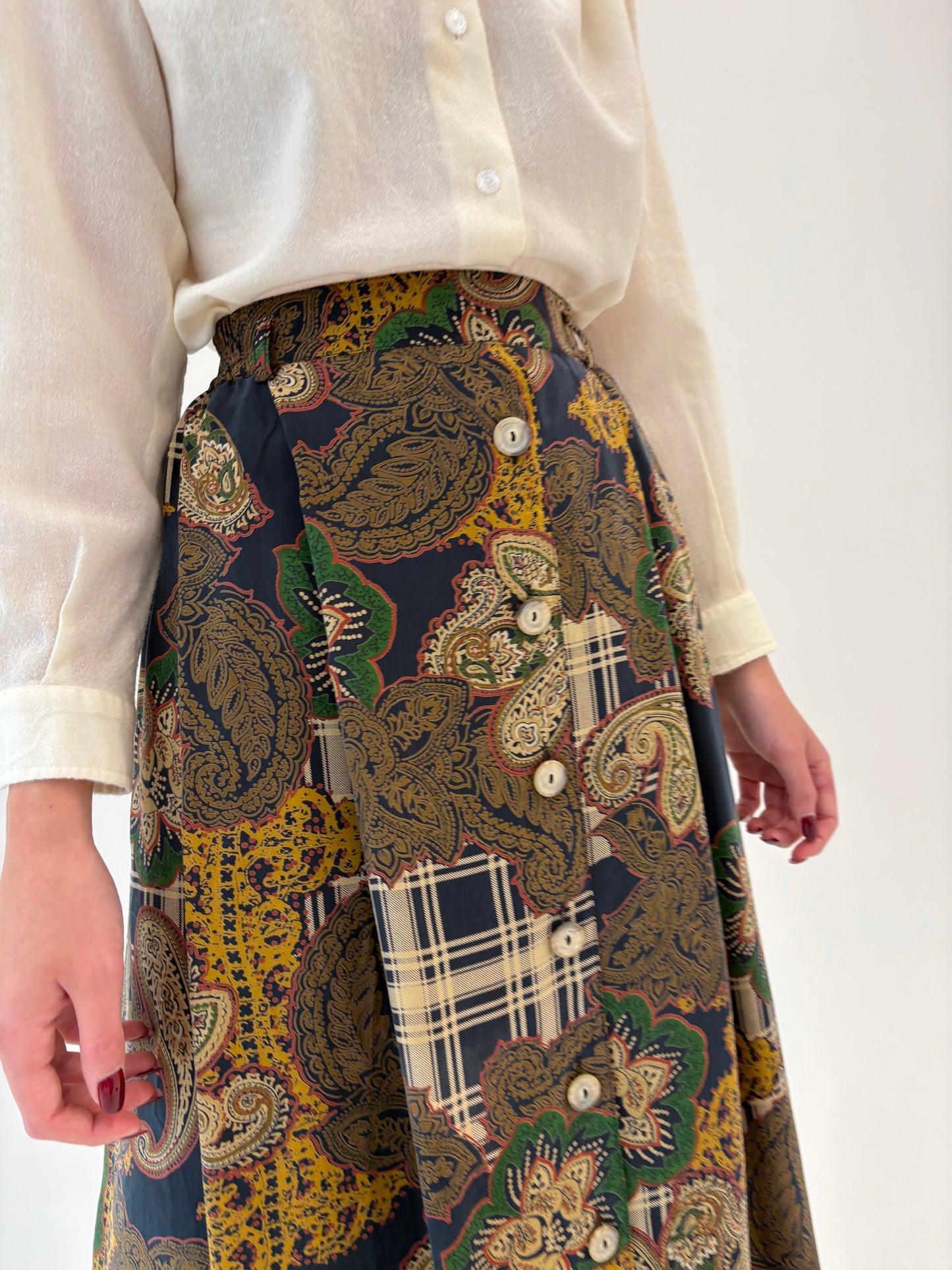 Fustă vintage din mătase naturală cu print paisley și buzunare
