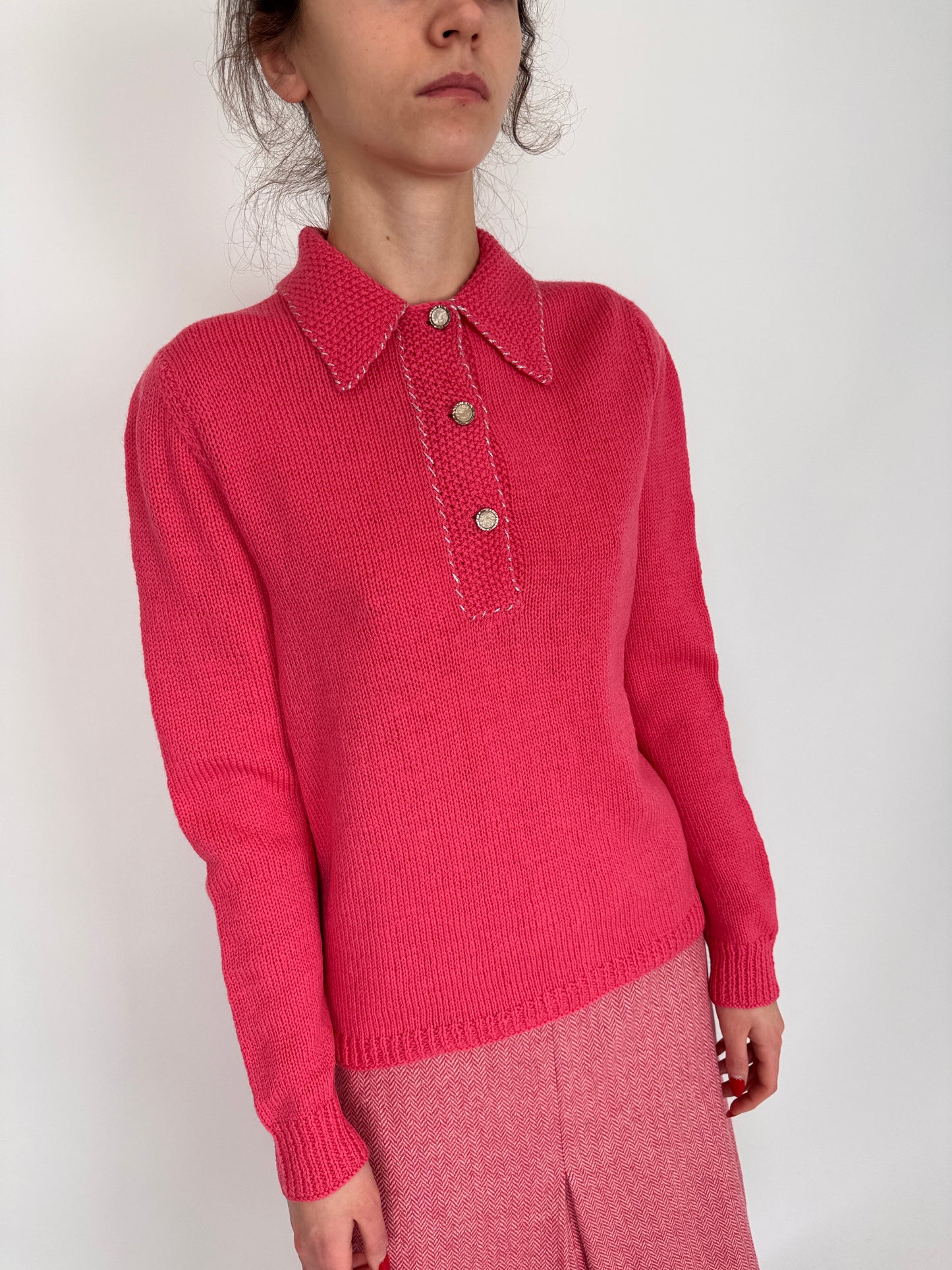 Pulover vintage polo din lana plină texturată rose Pink