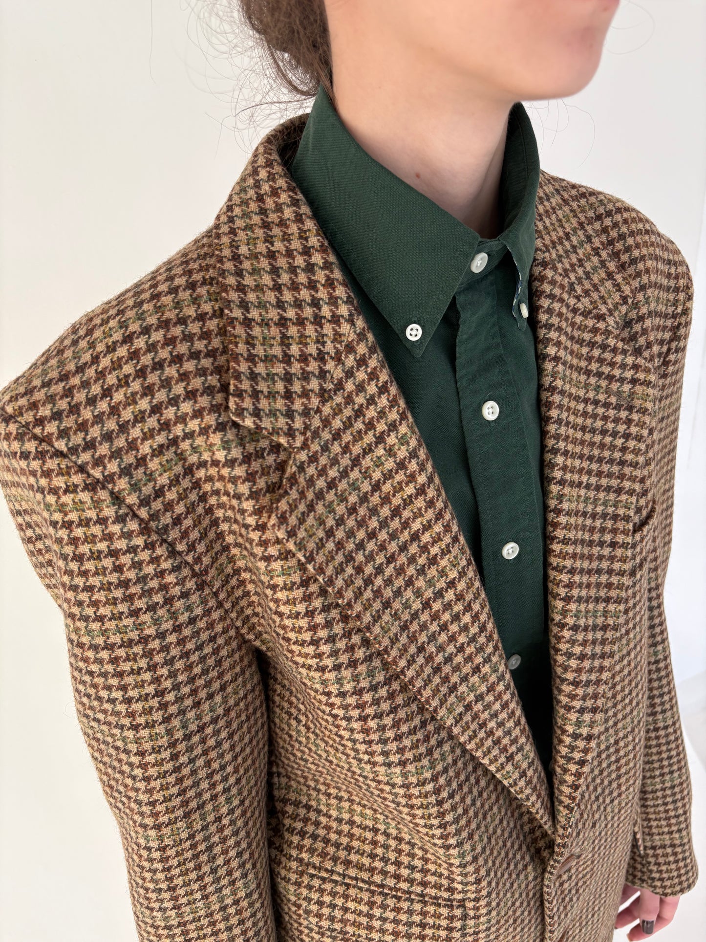 Sacou camel pied de coq în carouri din tweed gros în culori clasice