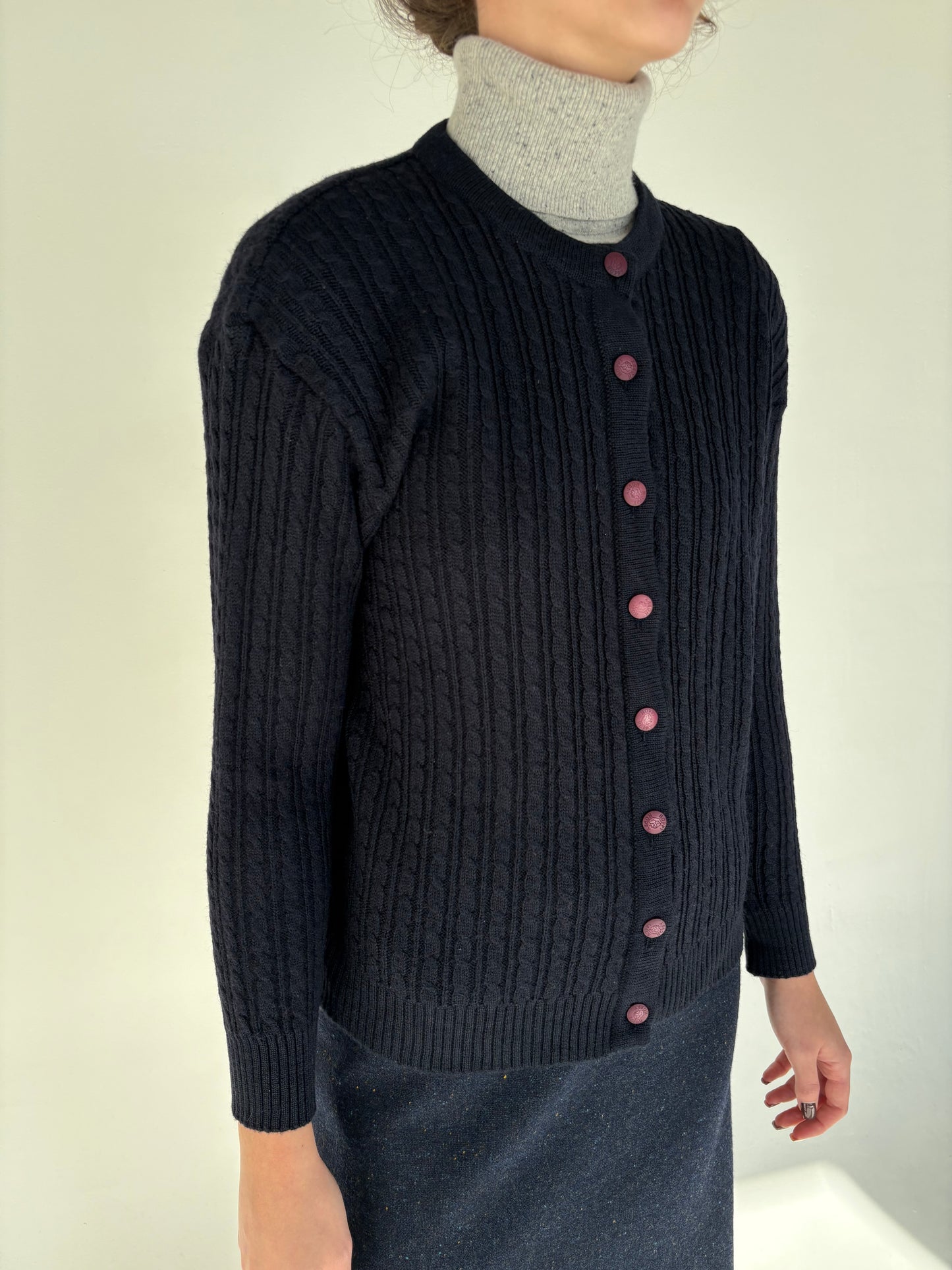 Cardigan cu torsade Navy blue din lana extrafina plină de gramaj mare