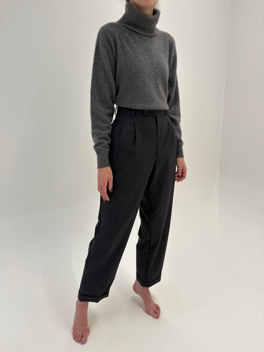 Pantaloni charcoal gray cu talie ultra înaltă si pense din lana extrafina