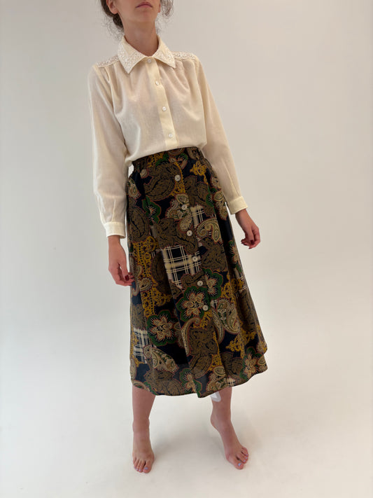 Fustă vintage din mătase naturală cu print paisley și buzunare